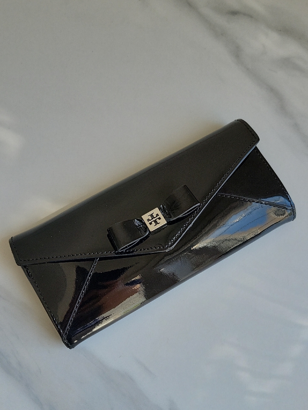 Tory Burch Black Patent Bow Envelope Clutch Wallet